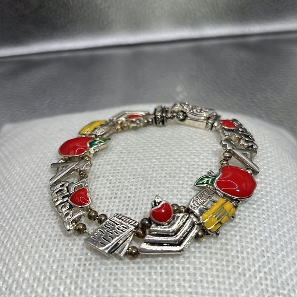 Teachers Beaded Slide Bracelet with Red Apple and Yellow School Bus Charm - Picture 3 of 12